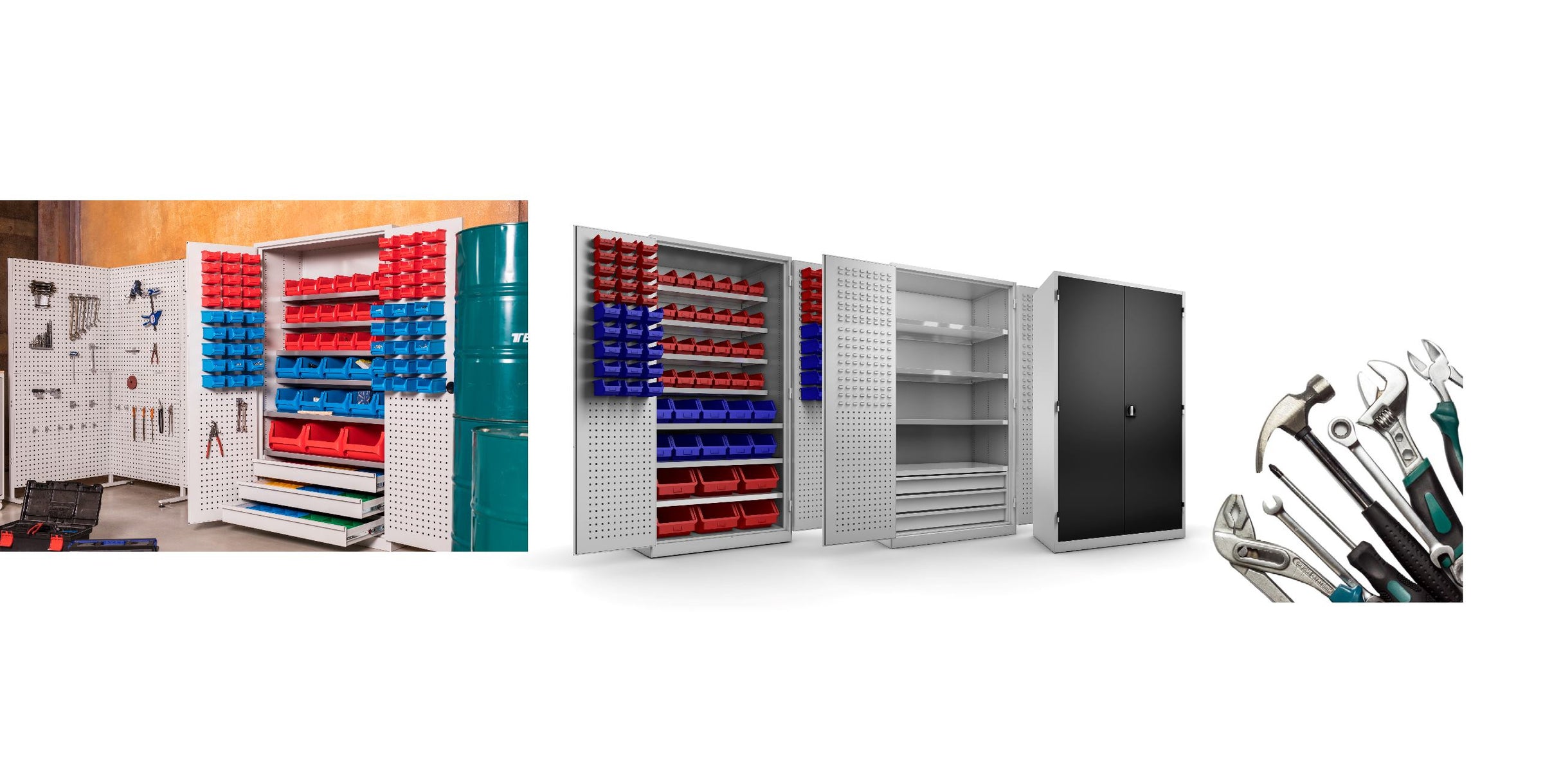 Voll bestückter Magazinschrank in Werkstatt und Produktabbildungen von Großraumwerkstattschrank und Mehrzweck Werkstattschrank