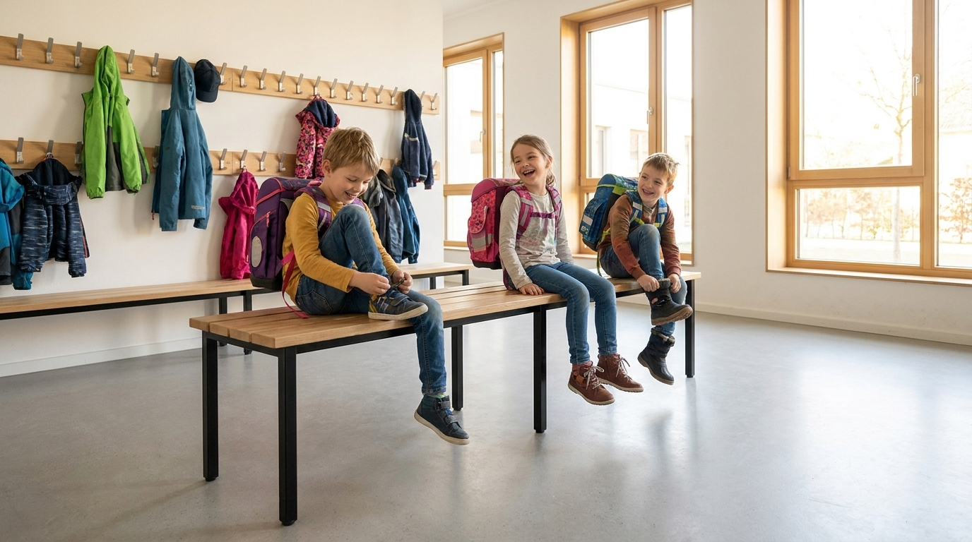 Sitzbänke im Garderobenbereich einer Grundschule
