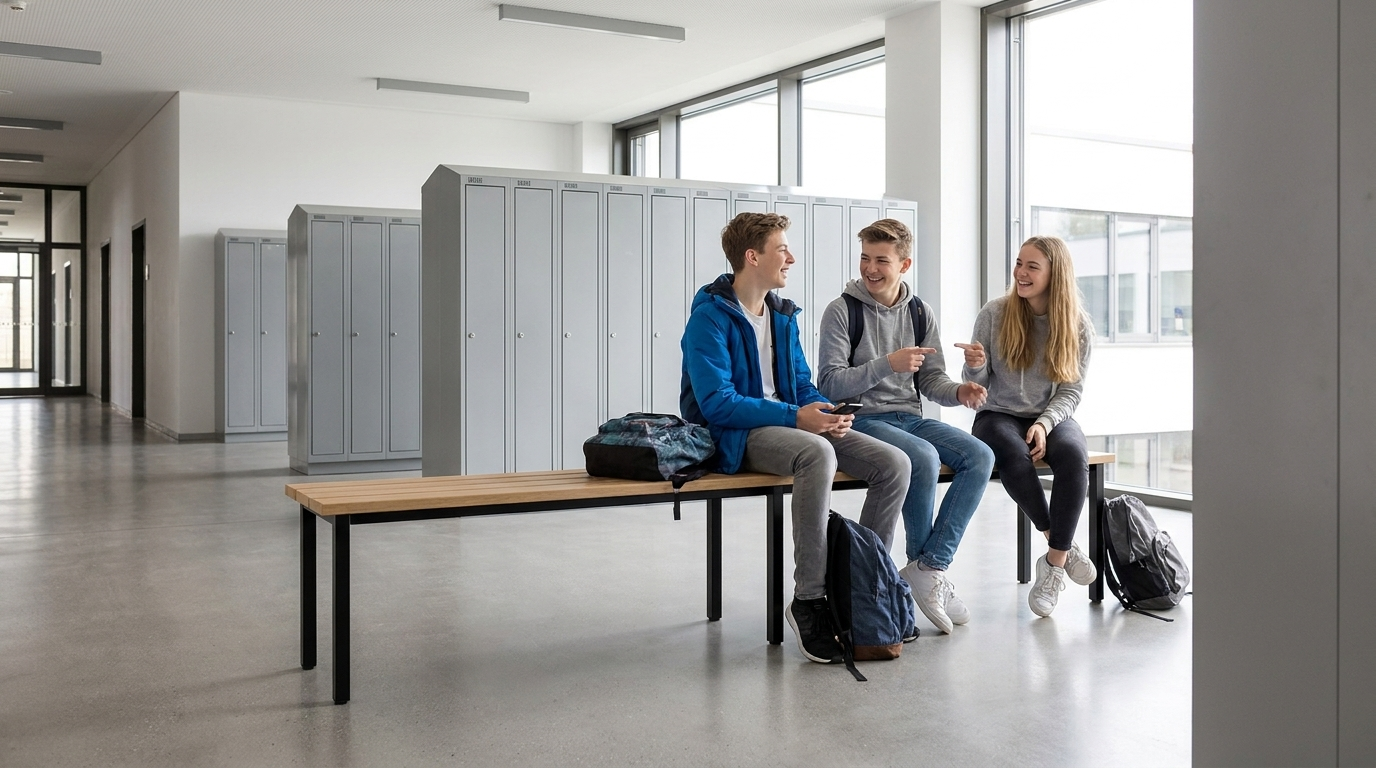 Sitzbänke im Garderobenbereich einer weiterführenden Schule