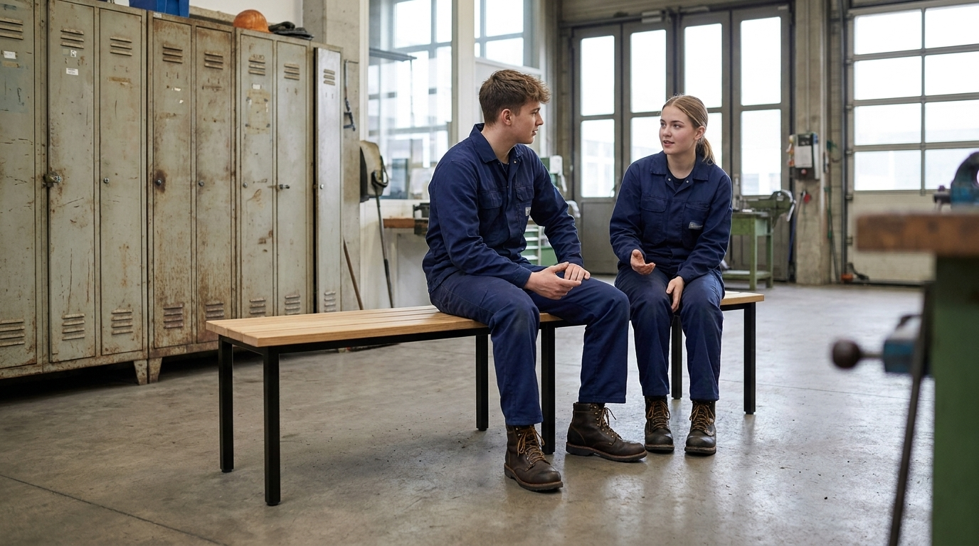 Sitzbänke im Umkleidebereich einer Berufsschule mit Werkstatt