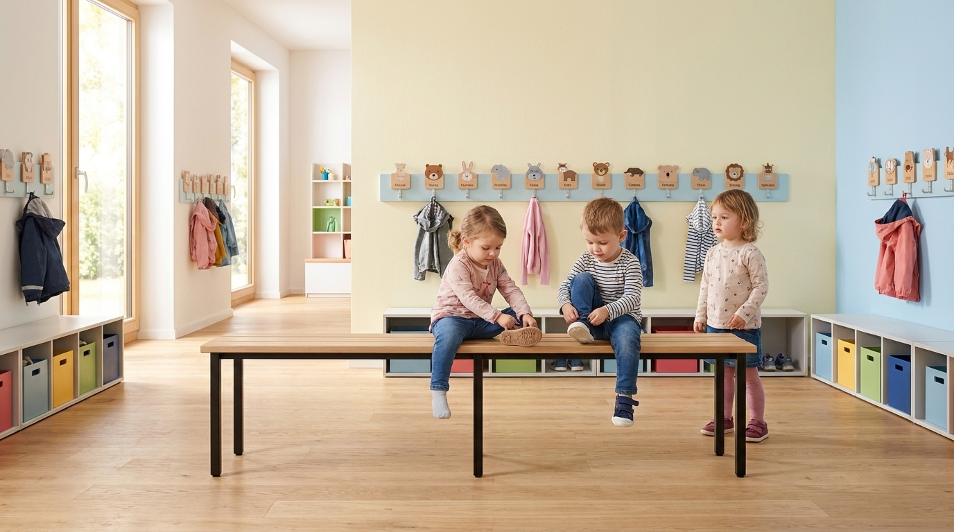 Sitzbänke im Garderobenbereich eines Kindergartens