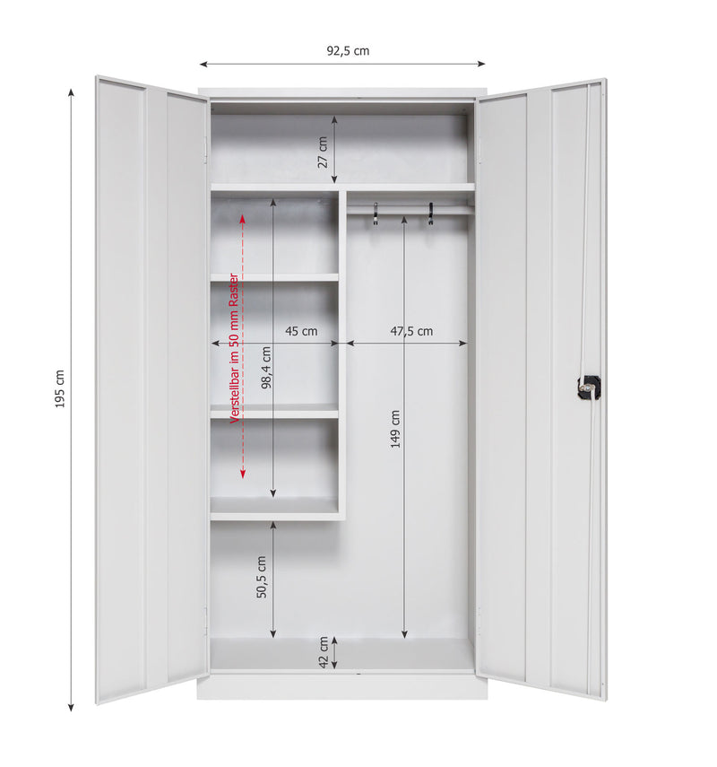 Produktabbildung Putzmittel- und Allzweckschrank mit geöffneten Türen_ Lichrgrau Türen RAL 9035 und Lichtgrauer Korpus RAL 9015 mit Maßangaben