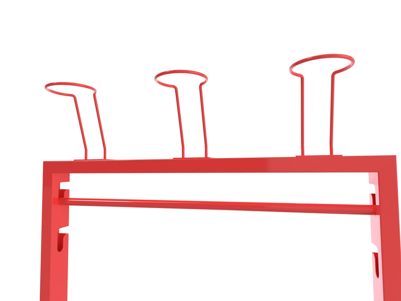 Mobile Feuerwehrgarderobe Detail der höhenverstellbaren Kleiderstange und Helmhalter