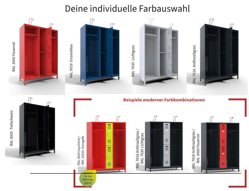 Abbildung von allen verfügbaren Farben um Garderobenspinds individuell zu gestalten